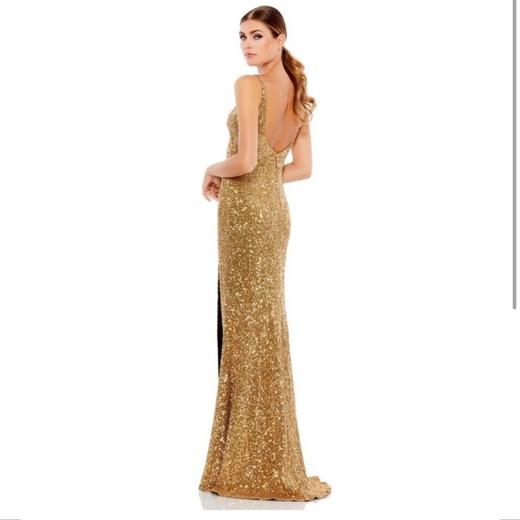 Mac Duggal Gold Sequin Maxi Dress gown Bridesmaid Wedding prom - Picture 2 of 8